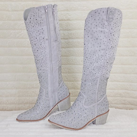 Wild Ones Glamour Cowboy Rhinestone Cowgirl Boots Tuck Zipper Plus Silver Gray - Picture 10 of 13